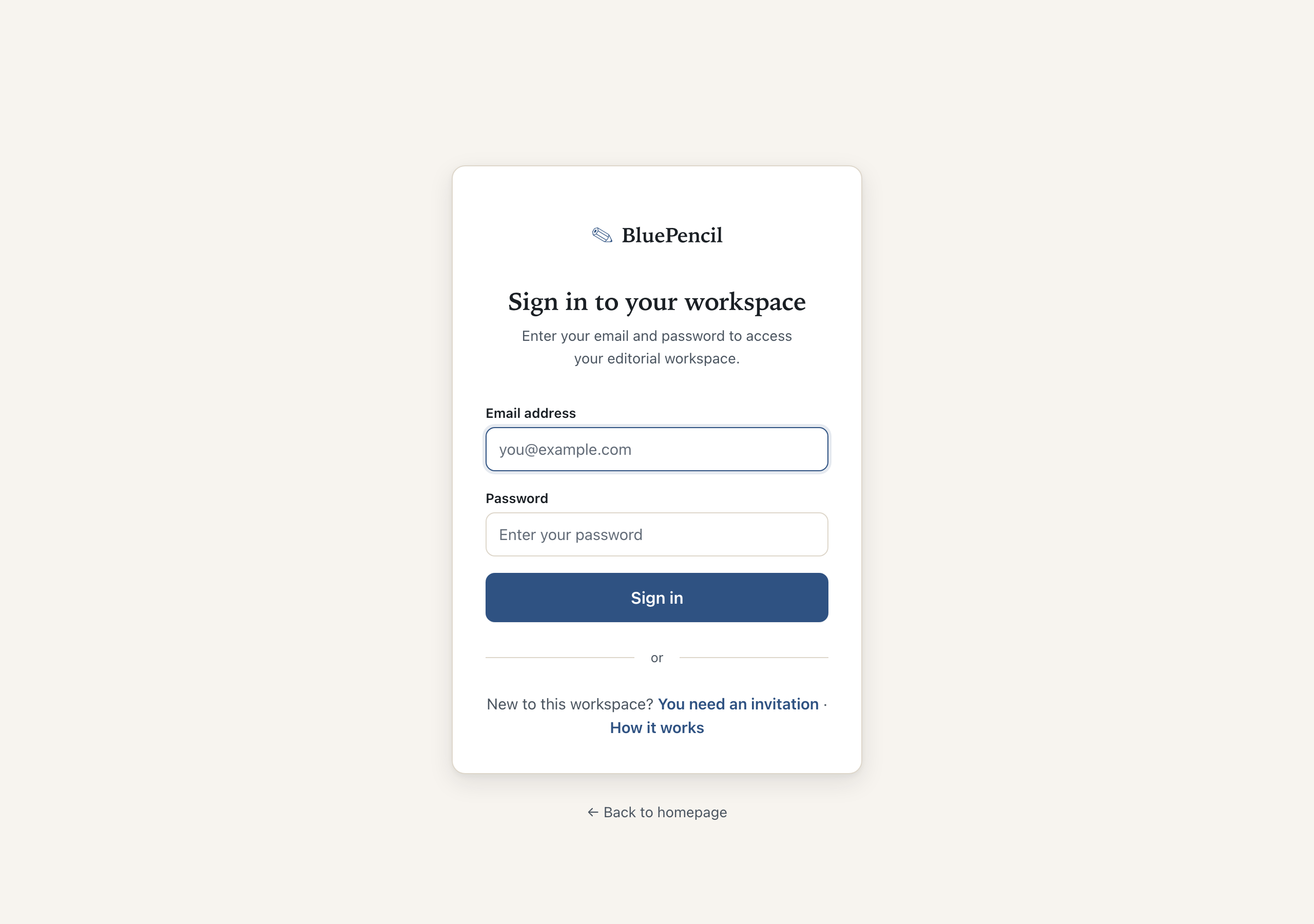 The BluePencil sign-in screen with email and password fields
