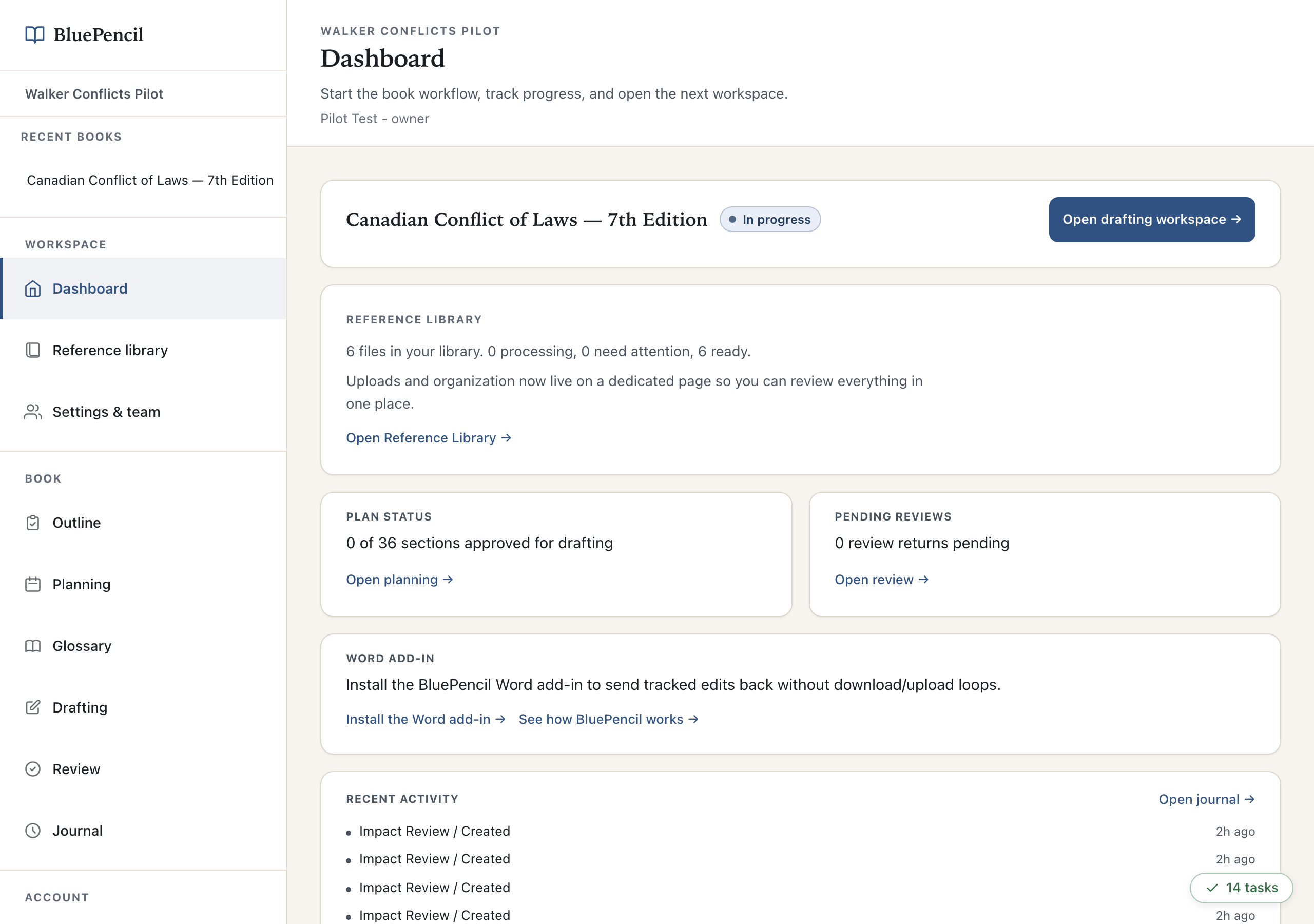 The BluePencil dashboard showing the book, reference library, plan status and recent activity