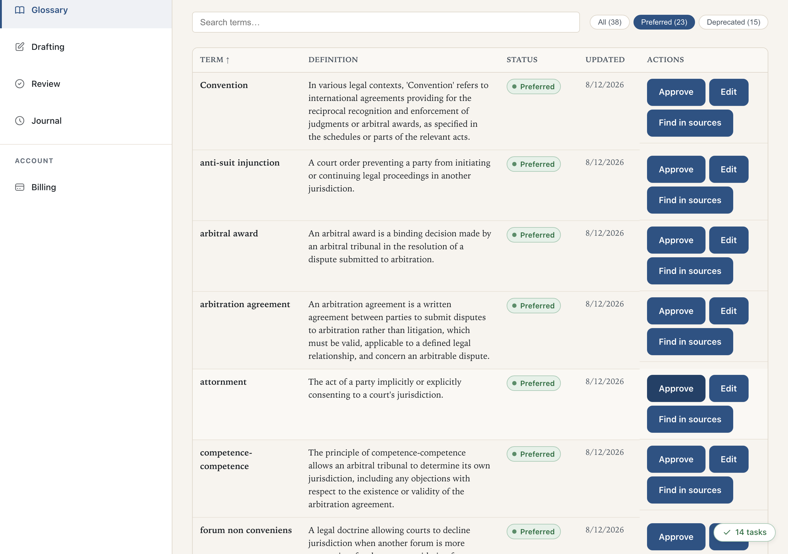 The glossary workspace listing extracted terms with their definitions and statuses