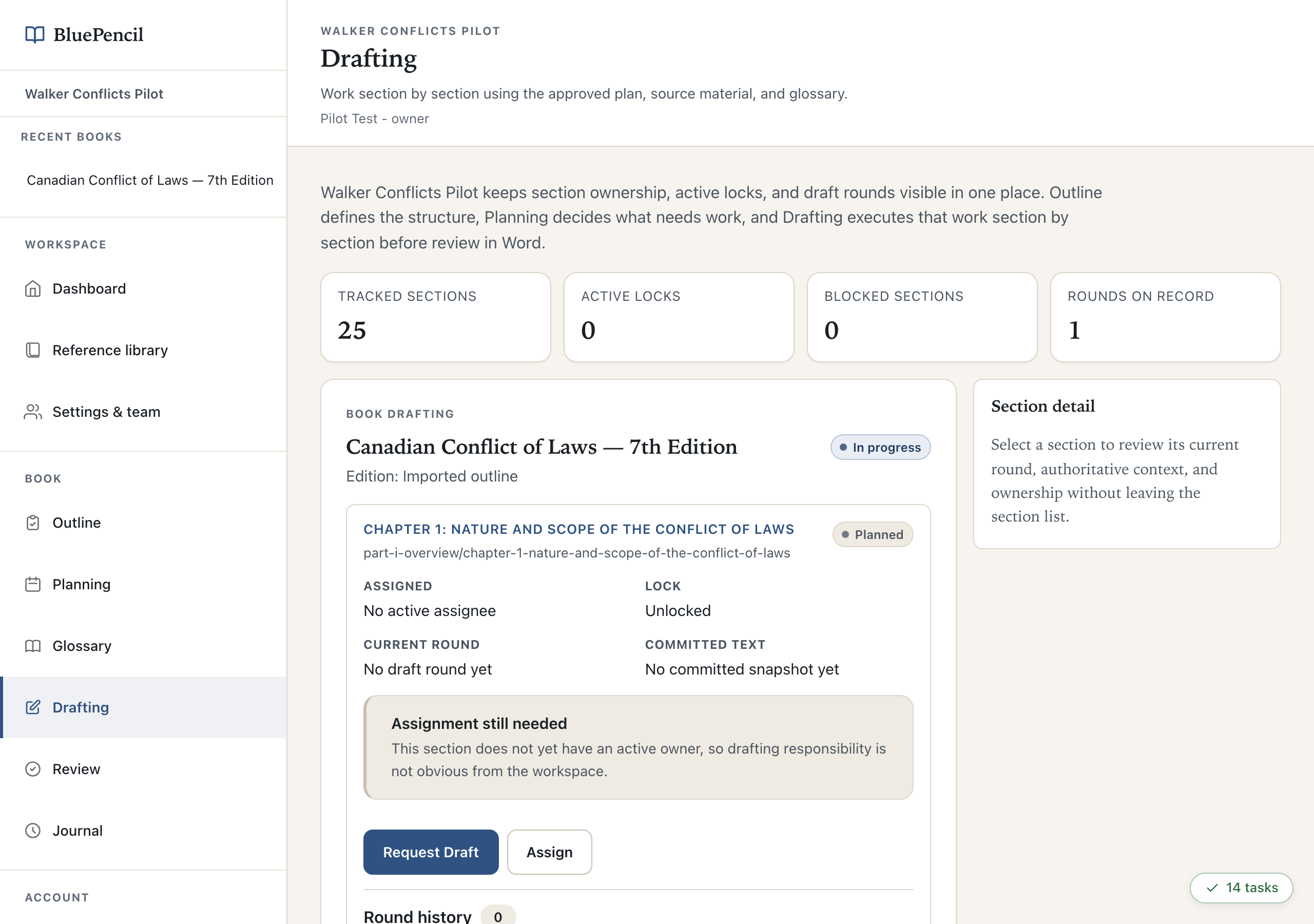 The drafting workspace showing sections and their draft status