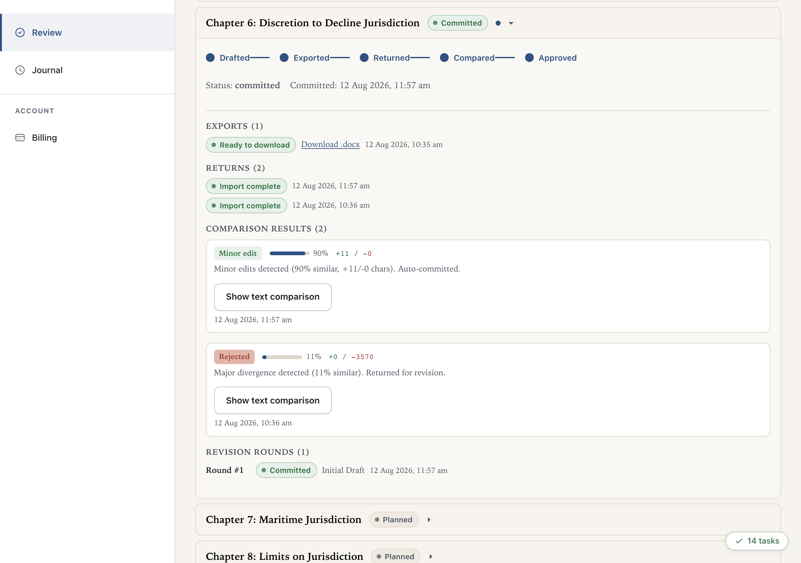 A chapter expanded in review, showing the workflow stepper and available actions