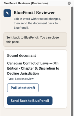 The BluePencil Reviewer task pane, bound to Chapter 6, after sending the document back