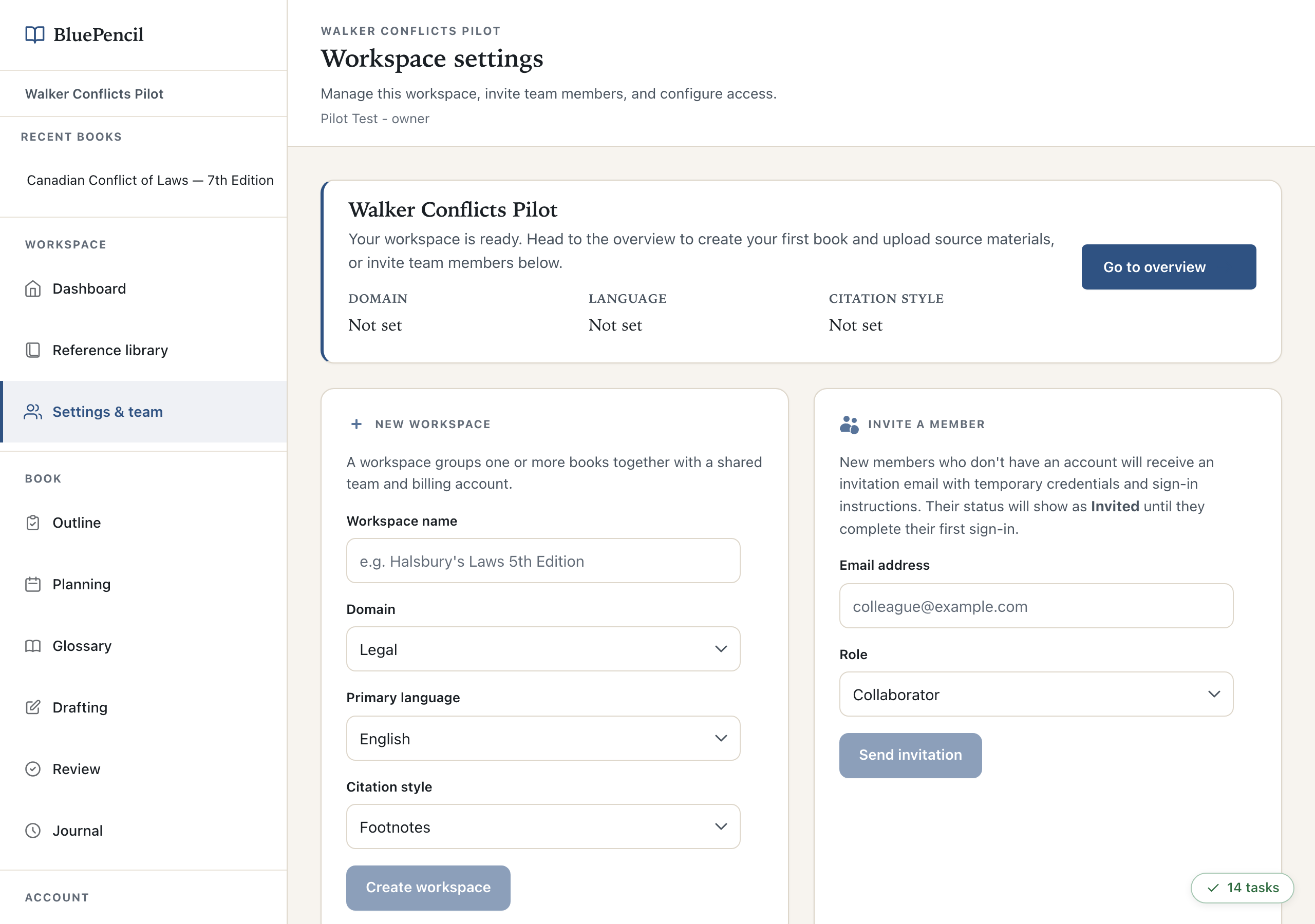 Workspace settings showing the workspace details and the invite form