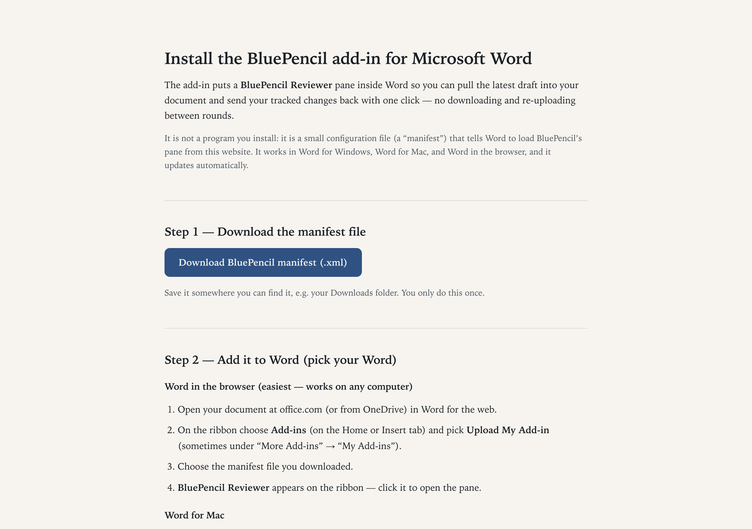 The Word add-in installation page showing the manifest download and instructions for each version of Word